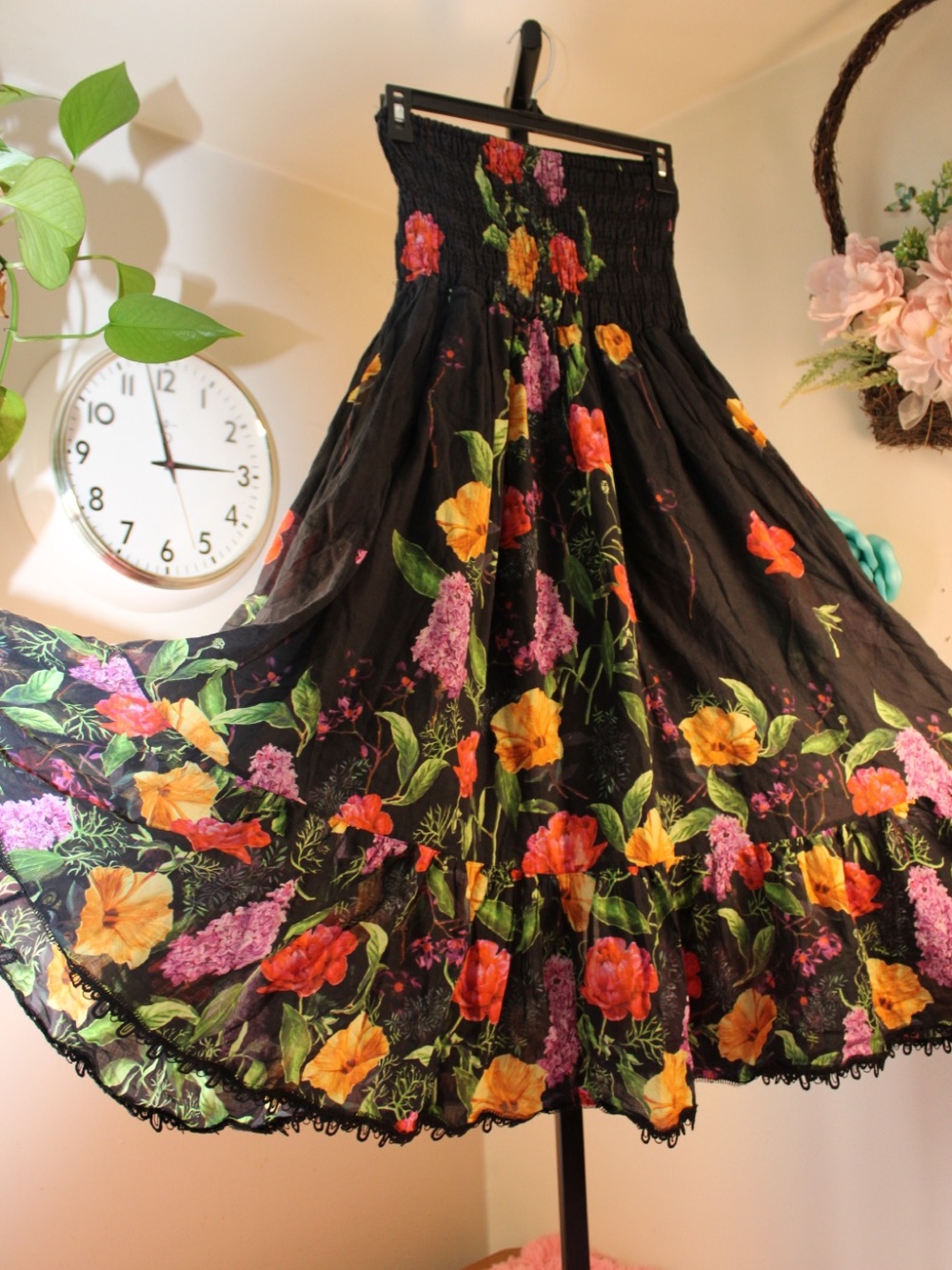 Black Floral Maxi Skirt with Bright Garden Print